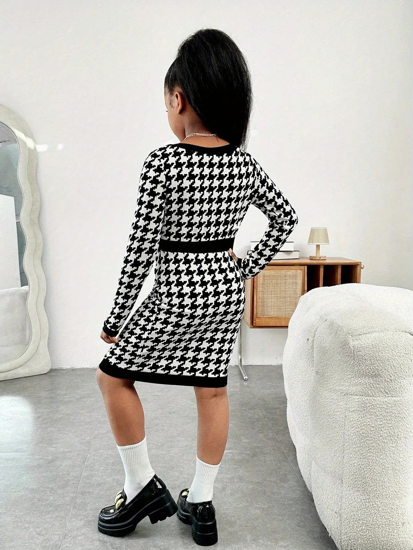 TEMU-Tween Girl's Elegant Houndstooth Print Square Neck - alotasawkli