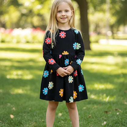 Baby Girl Long Sleeve Black Dress with Floral Digital Print | Crew Neck, Non-Stretch Fabric, Casual Style, Perfect for Spring/Fall - alotasawkli