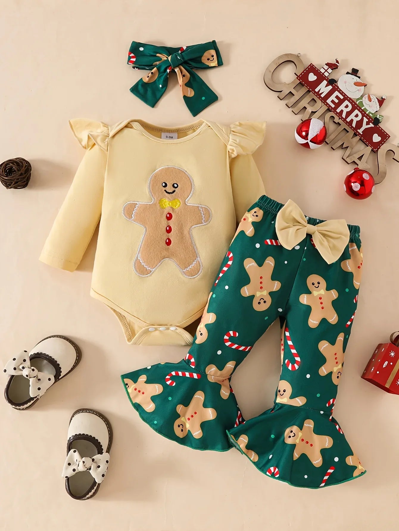 Three-Piece Set Featuring a Christmas Cartoon Embroidered Long-Sleeve Onesie with Flying Sleeves And Bell-Bottom Pants with a Bow, for Outdoor - alotasawkli