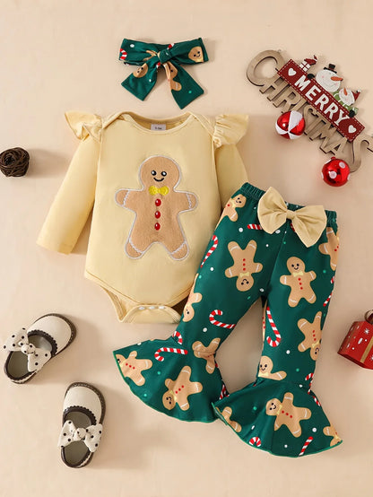 Three-Piece Set Featuring a Christmas Cartoon Embroidered Long-Sleeve Onesie with Flying Sleeves And Bell-Bottom Pants with a Bow, for Outdoor - alotasawkli