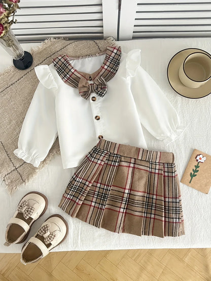 2pcs Autumn and Winter Butterfly Fly Sleeve Ruffle Sleeve Open Top+pleated Plaid Skirt Set, Fashionable and Simple, Suitable for Birthday Gifts, Daily Wear, Perfect for Outdoor - alotasawkli