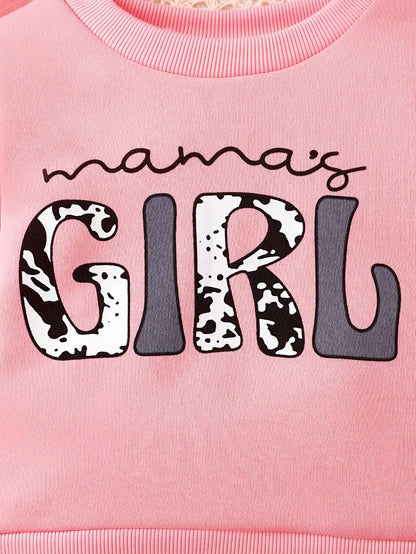2pcs Baby Girls' Autumn Winter Casual Outfit Set - Letter Print Sweatshirt & Faux Denim Flared Pants, Cozy Warm Clothes for Toddlers, Long Sleeve Crew Neck Pullover with "Mama'S Girl" Design, for Outdoor - alotasawkli