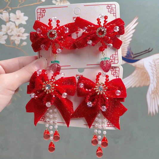 1pair Red Children's Hair Clips, Cute Bow Hair Accessories - alotasawkli