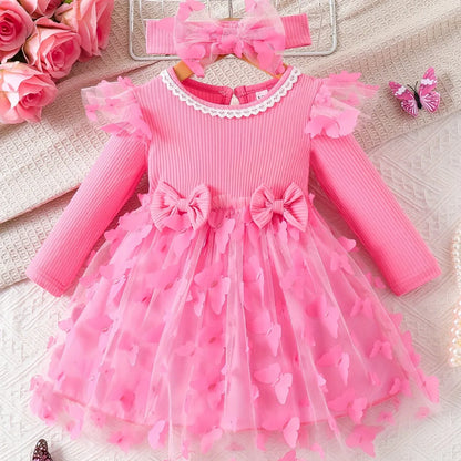 Spring And Autumn Style Dress for Baby Girls with Lace Round Neck, Bow Decoration, Mesh Splicing, And Flutter Sleeves, Developed for a Specific Purpose. - alotasawkli