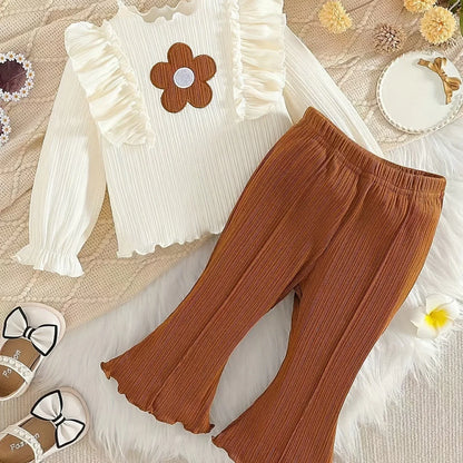 Sweet Outfit for Girls: Floral Appliqué Top Paired with Brown Flared Pants, a Charming Little, for Outdoor - alotasawkli