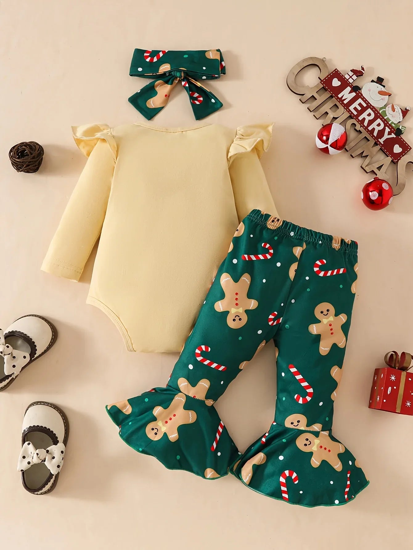 Three-Piece Set Featuring a Christmas Cartoon Embroidered Long-Sleeve Onesie with Flying Sleeves And Bell-Bottom Pants with a Bow, for Outdoor - alotasawkli