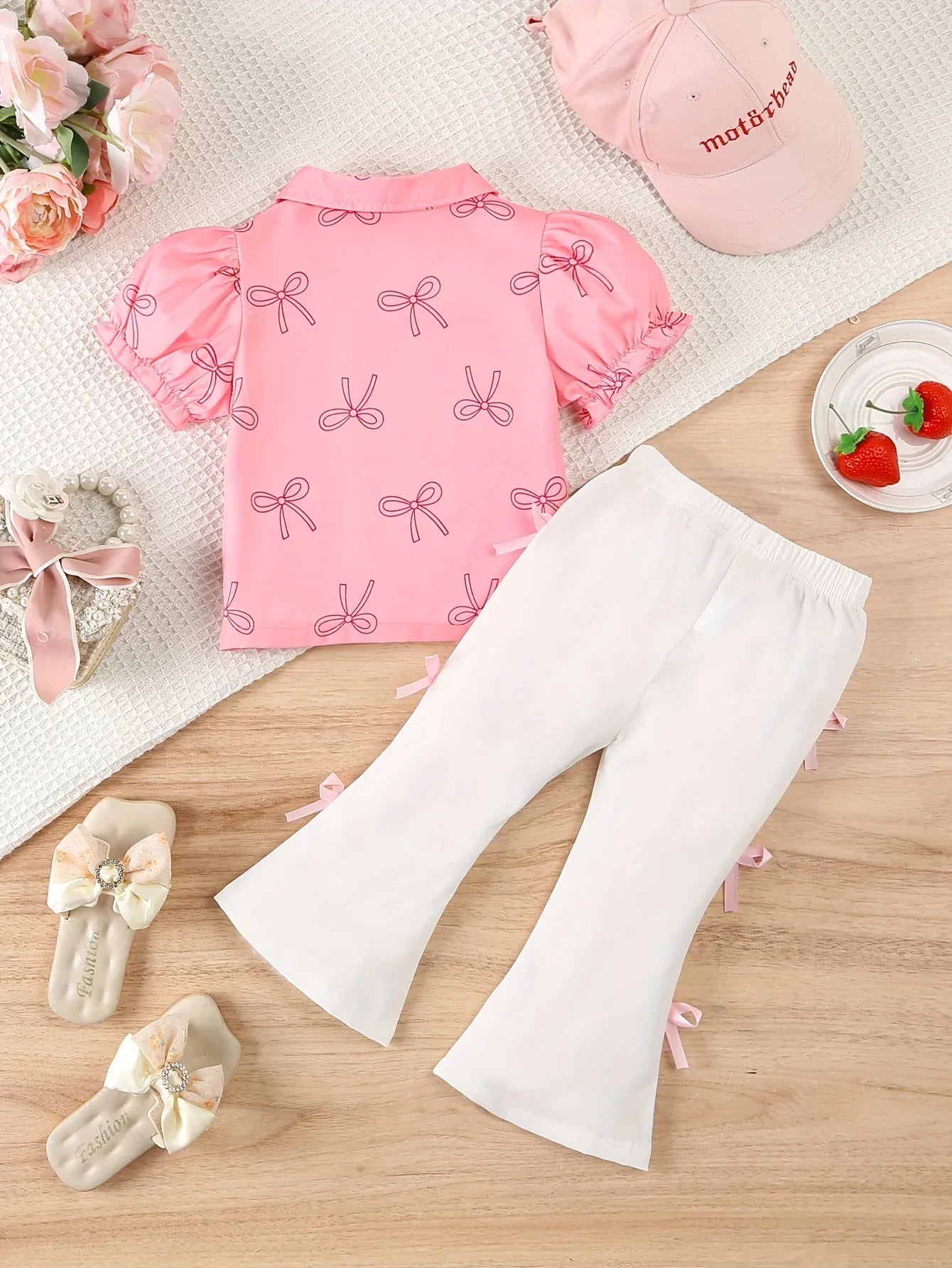 Little Girl's Cute Pink Bow Blouse + Long Pants with Decorative Bows, Perfect for Outdoor - alotasawkli