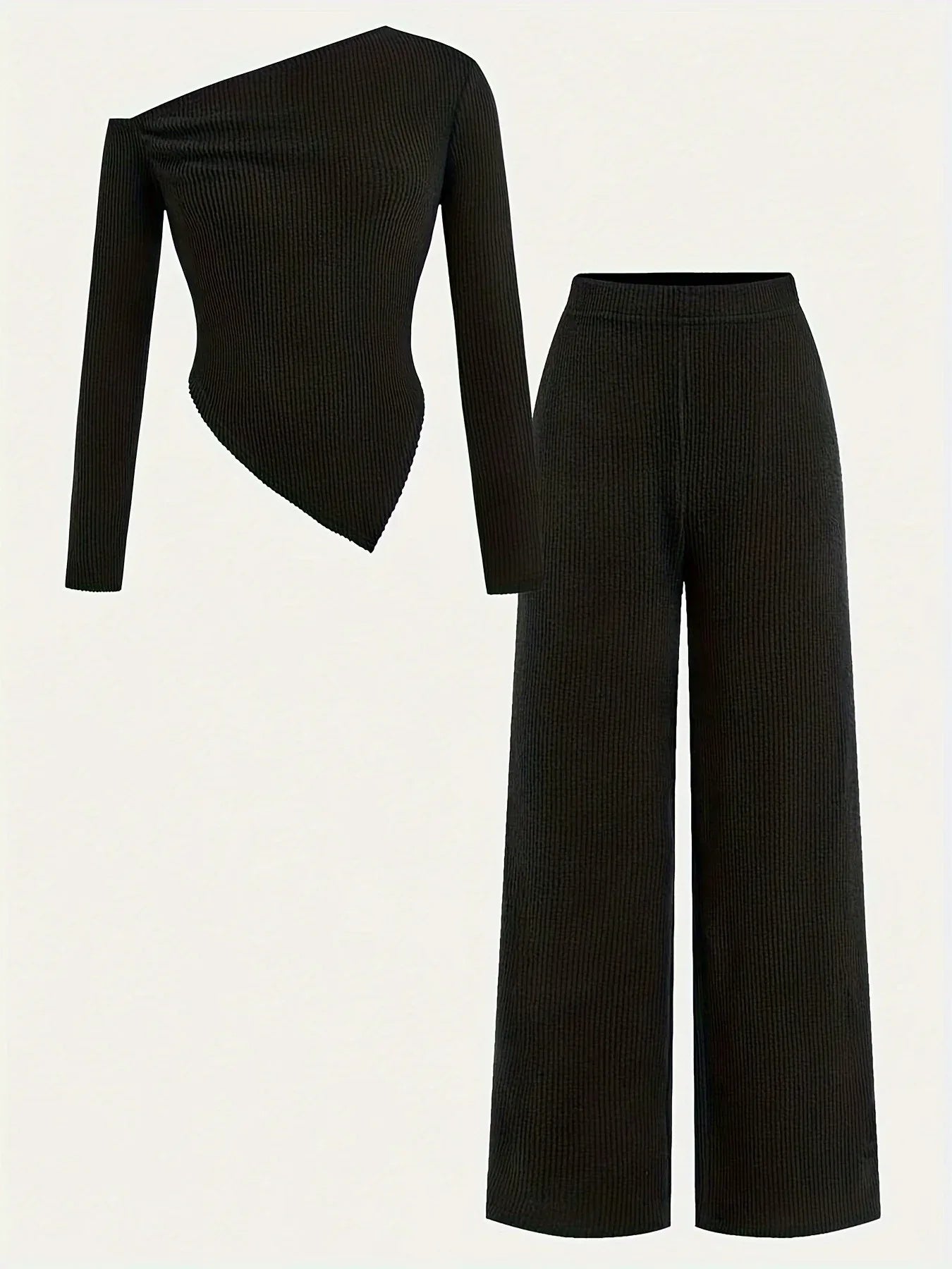 TEMU-2pcs Teen Girl Casual Knit Asymmetrical Neck T-Shirt + Wide-Leg Pants - alotasawkli