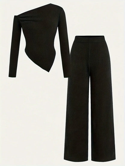 TEMU-2pcs Teen Girl Casual Knit Asymmetrical Neck T-Shirt + Wide-Leg Pants - alotasawkli