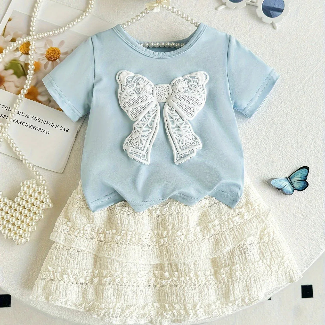 2pcs Summer Girls' Short Sleeve Round Neck Bow Top + Skirt Set with Embossed Butterfly Design, Casual and Cute for Outdoor Wear, Perfect for Outdoor - alotasawkli