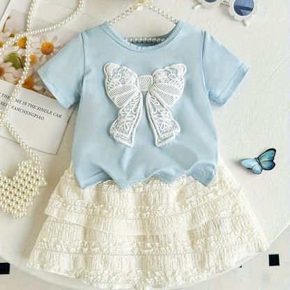 2pcs Summer Girls' Short Sleeve Round Neck Bow Top + Skirt Set with Embossed Butterfly Design, Casual and Cute for Outdoor Wear, Perfect for Outdoor - alotasawkli
