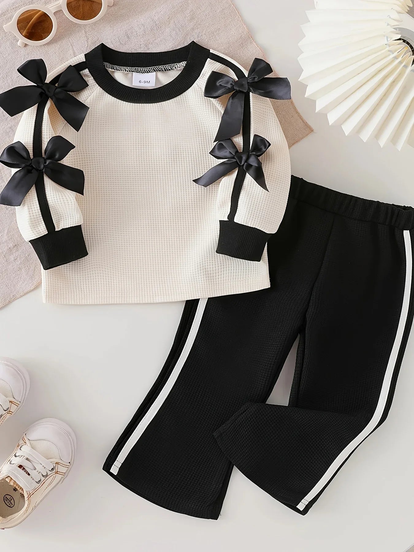 TEMU-Girls' 2pcs Long Sleeve Black Flared Pants - alotasawkli