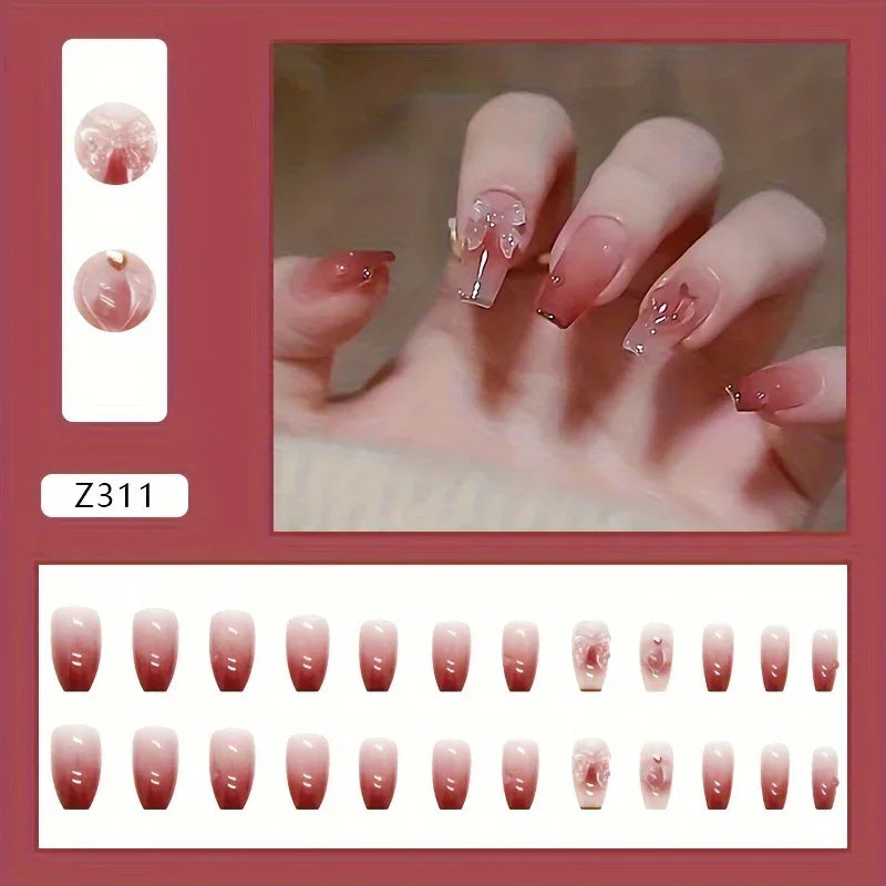 TEMU-24pcs Press-on Nails, Heart & Bowknot Design - alotasawkli