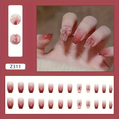 TEMU-24pcs Press-on Nails, Heart & Bowknot Design - alotasawkli