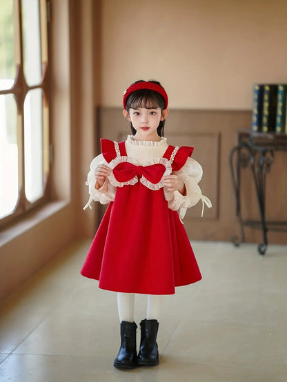 TEMU-Girls' Two-Piece Princess Dress with Bubble Sleeves & Big Bow - Red - alotasawkli