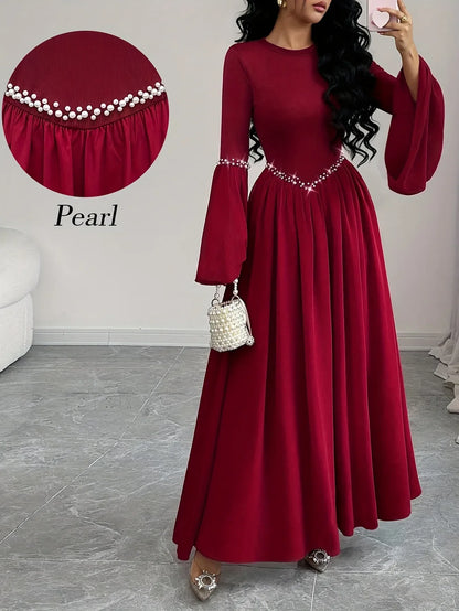 TEMU-Women'S Elegant Long Sleeve A-Line Maxi Dress with Round Neck - alotasawkli