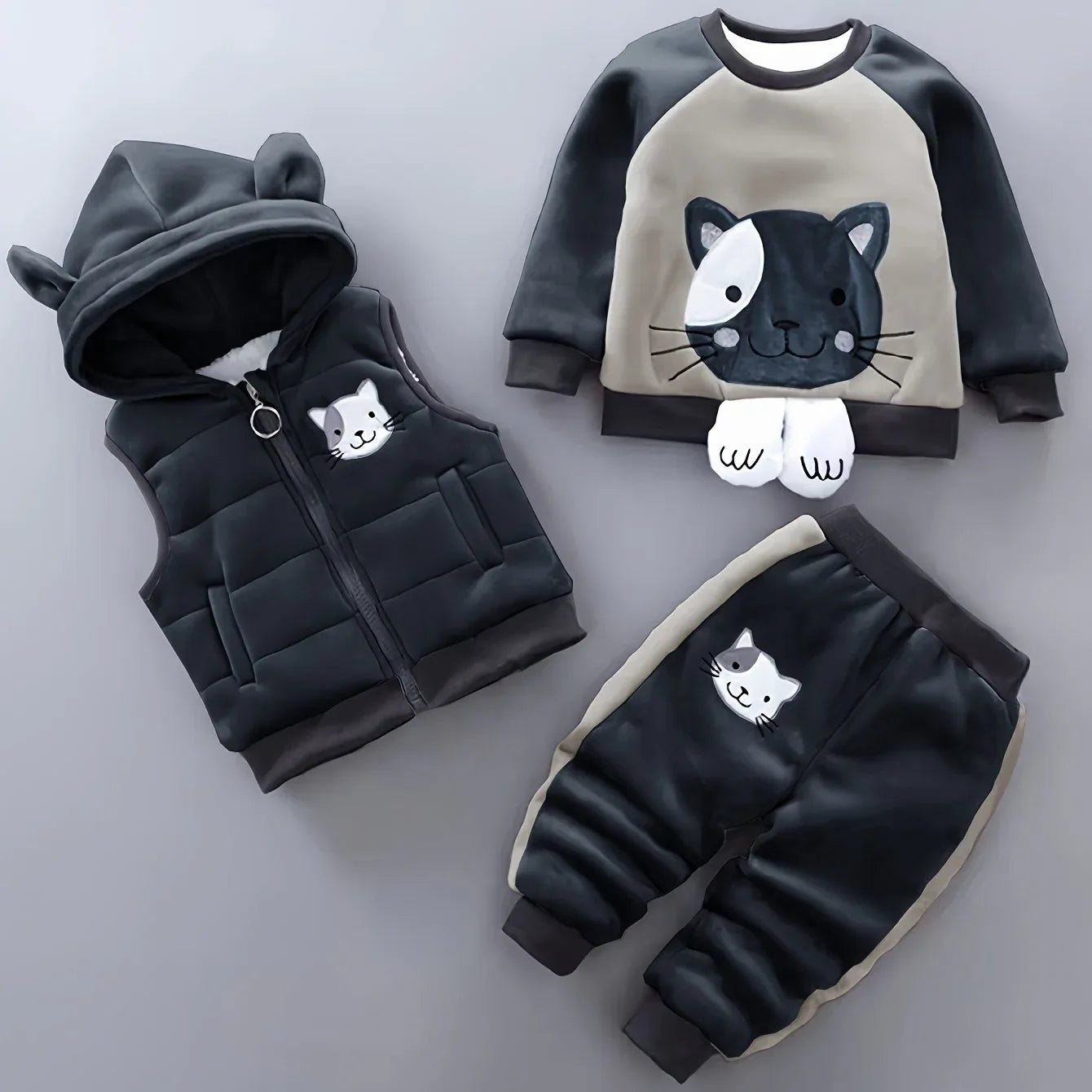 TEMU-Cute Cartoon Cat Three-Piece Set for Babies in Autumn And Winter - alotasawkli