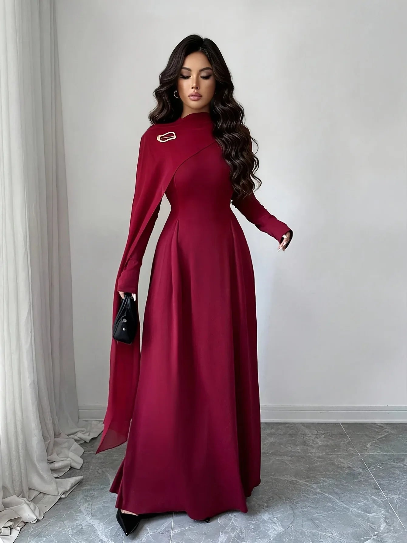 TEMU-Elegant Long Dress with Mesh Panel and Stand Collar - alotasawkli