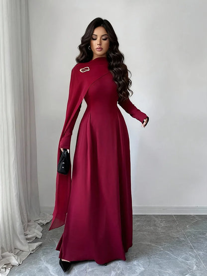 TEMU-Elegant Long Dress with Mesh Panel and Stand Collar - alotasawkli