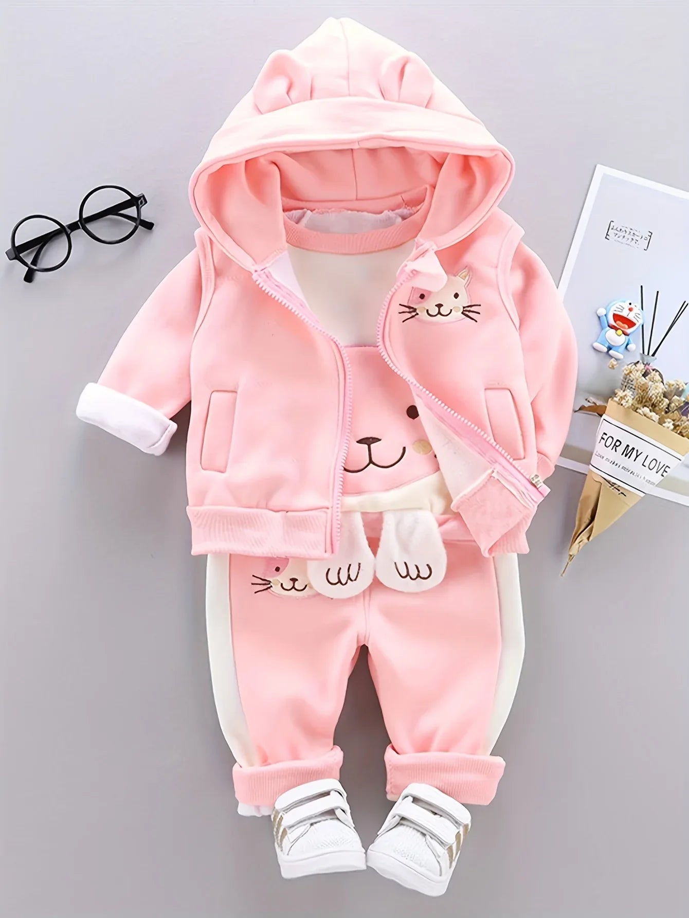 TEMU-Cute Cartoon Cat Three-Piece Set for Babies in Autumn And Winter - alotasawkli