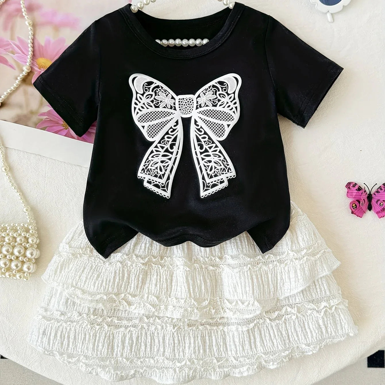 2pcs Summer Girls' Short Sleeve Round Neck Bow Top + Skirt Set with Embossed Butterfly Design, Casual and Cute for Outdoor Wear, Perfect for Outdoor - alotasawkli