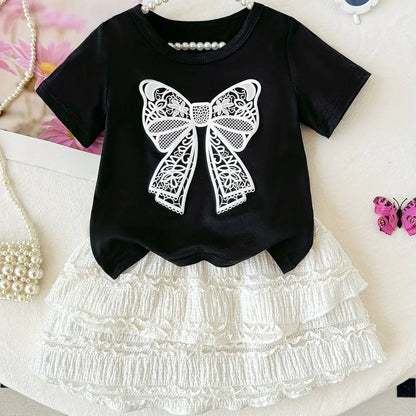 2pcs Summer Girls' Short Sleeve Round Neck Bow Top + Skirt Set with Embossed Butterfly Design, Casual and Cute for Outdoor Wear, Perfect for Outdoor - alotasawkli