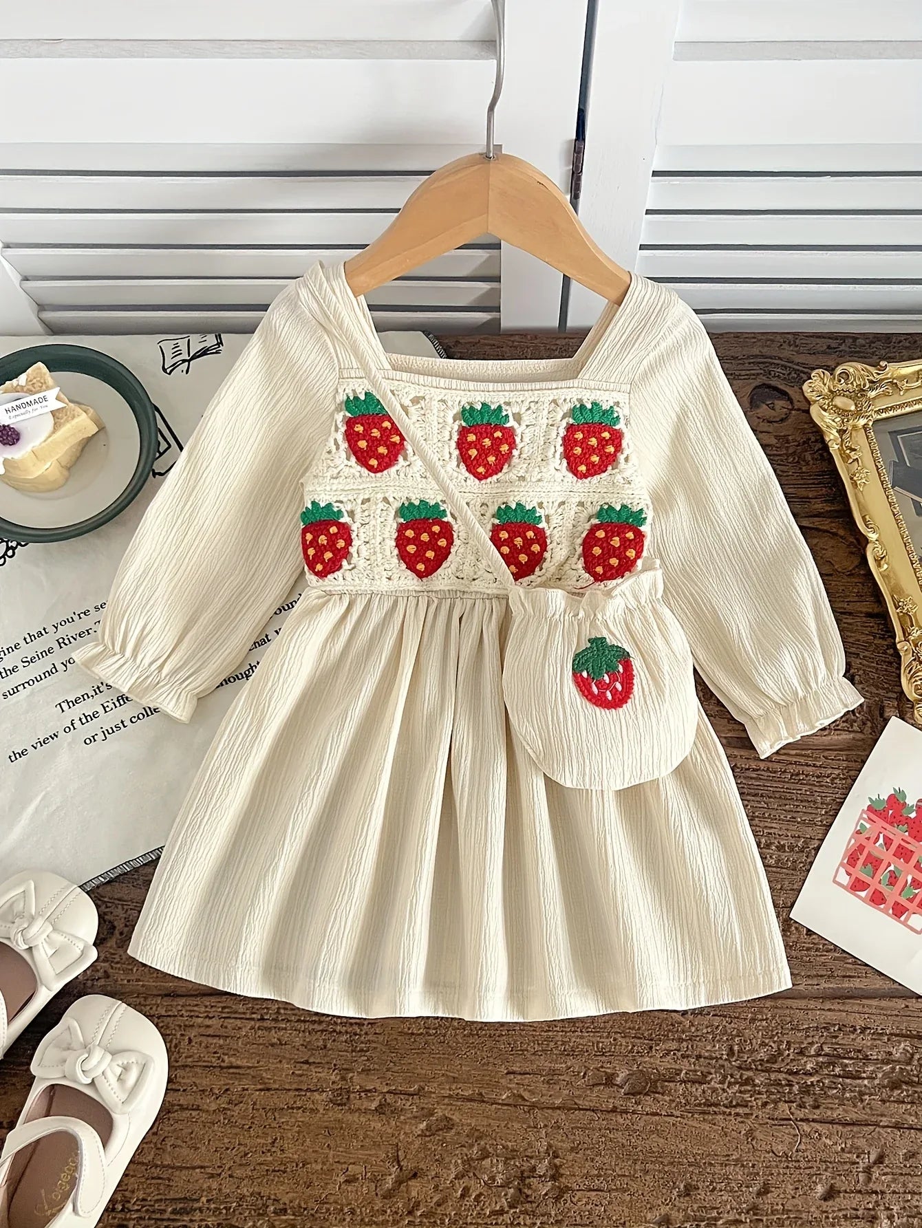 New Arrival Girl's Strawberry Embroidery Dress with Matching Bag - Winter Long Dress with Square Neck, Full Umbrella & Strawberry Outfit for Photoshoots, Parties, Outdoor Play (Hand Washable) | Autumn Winter One-Piece Dress - alotasawkli
