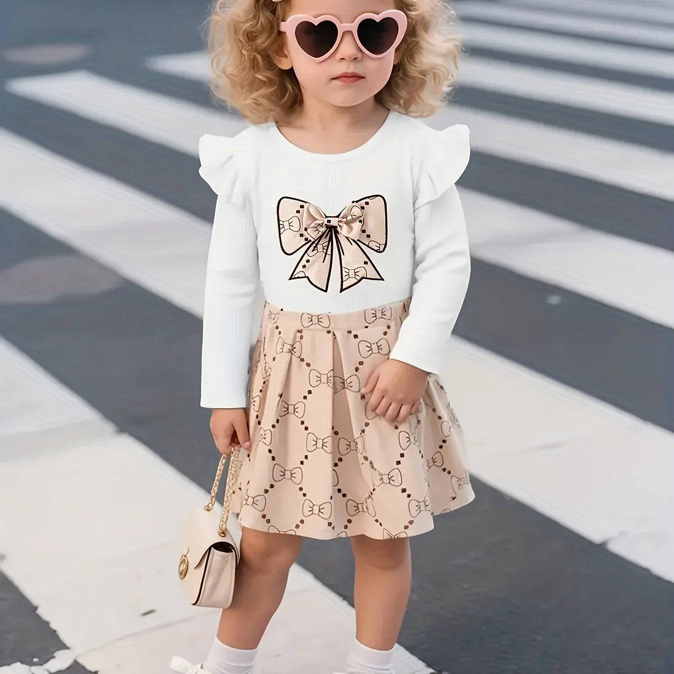 Spring and Autumn Style Infant Baby Girl Round Neck Bow Print Flutter Sleeve Romper with Full-Bow Skirt Casual Two-Piece Set Development, Perfect for Outdoor - alotasawkli
