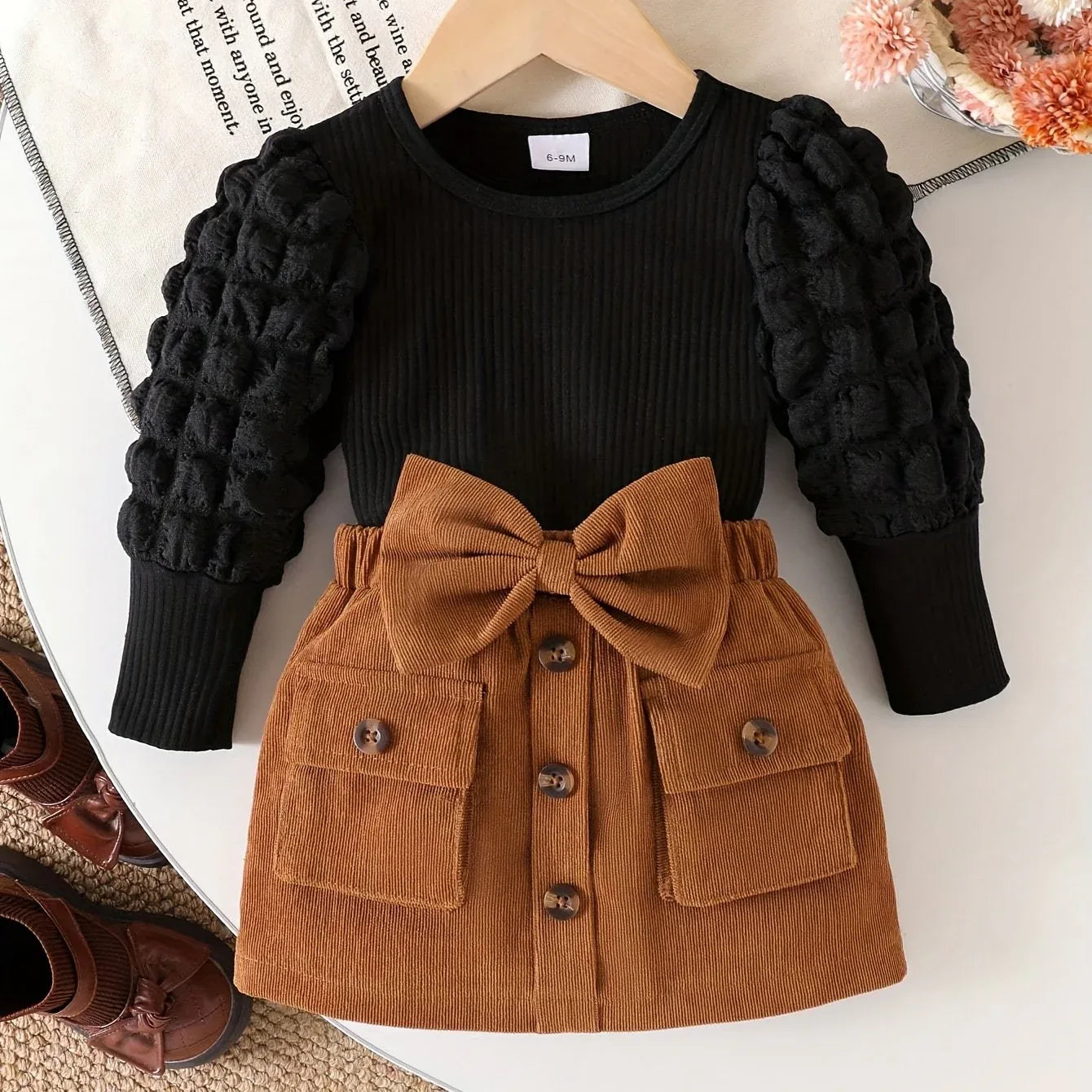 2pcs ' & Doll Dress Set - Cute Bow-Adorned Bubble Sleeve Smock Dress with A-Line Skirt & Matching Pocket Shorts-like Bottom, Spring/Fall Outfit (Hand Washable), Perfect for Outdoor - alotasawkli