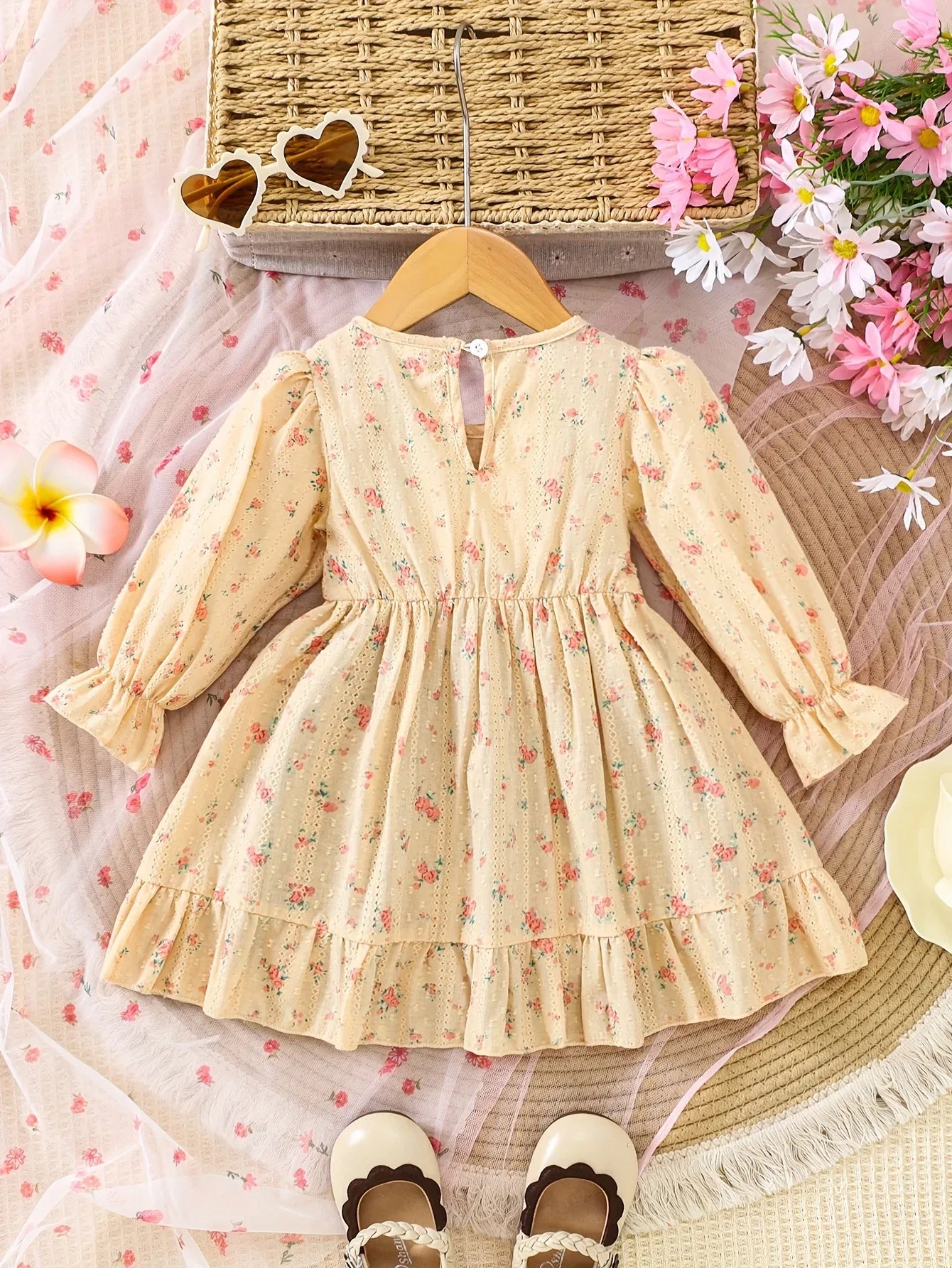 1pc Girls' Comfortable Cotton Jacquard Floral Pattern Spliced Dress - alotasawkli