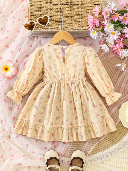 1pc Girls' Comfortable Cotton Jacquard Floral Pattern Spliced Dress - alotasawkli