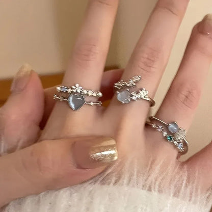 3pcs Sea Blue Heart Moonlight Open Ring Set for Women - alotasawkli