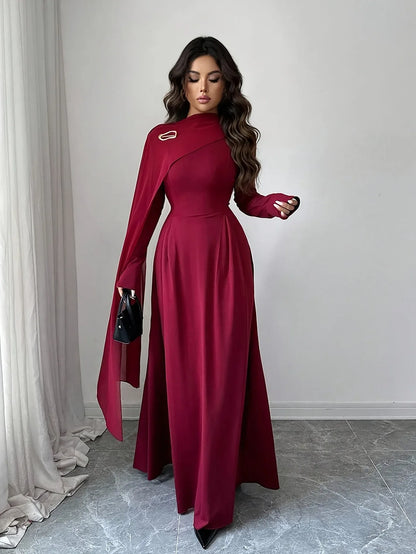 TEMU-Elegant Long Dress with Mesh Panel and Stand Collar - alotasawkli