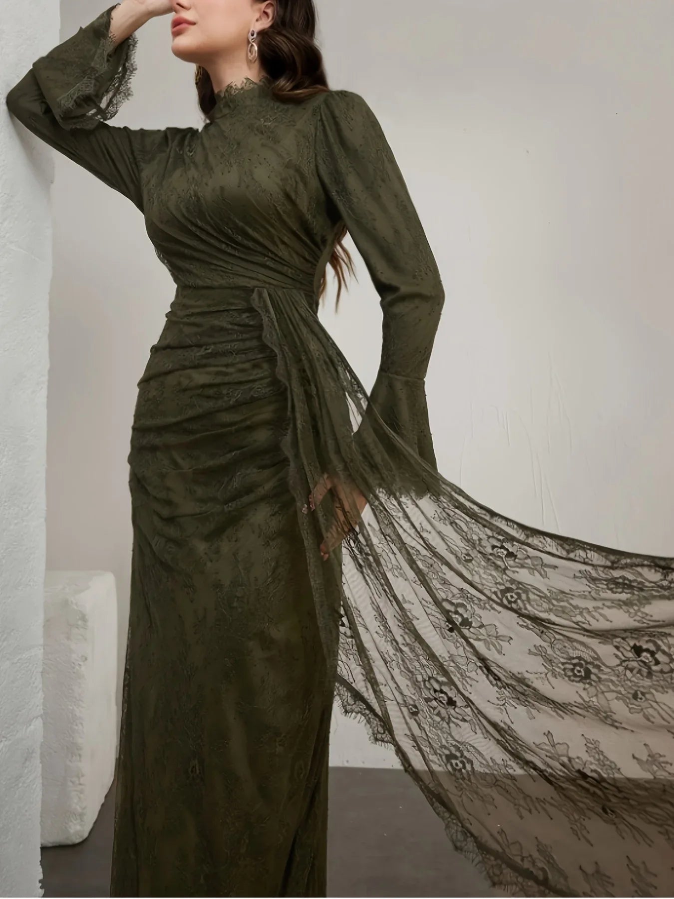 TEMU-Elegant Long-Sleeve Lace Dress with Ruffle Neckline - alotasawkli