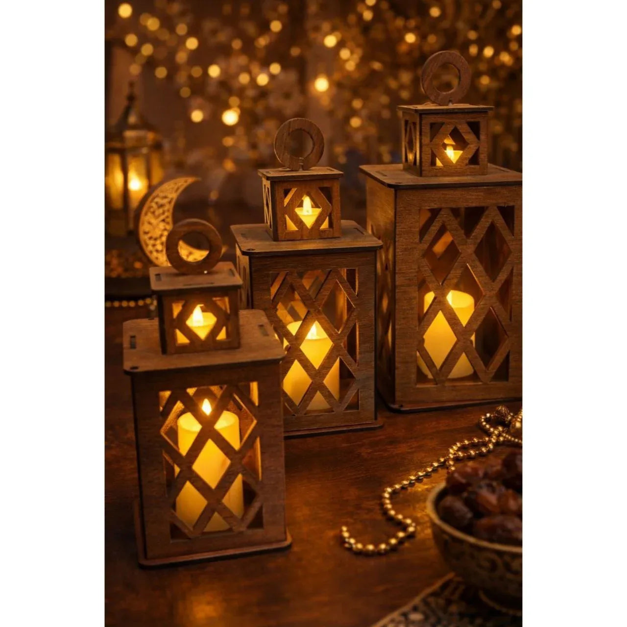مجموعة فوانيس رمضان الخشبية من 3 قطع + 3 شموع إلكترونية (20x10 سم) - alotasawkli