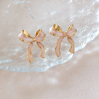 1 Pair of Chic Pink Bow Stud Earrings for Women - alotasawkli