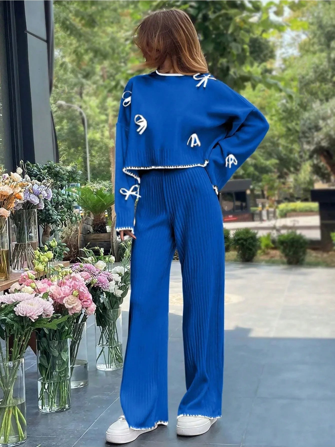A 2pcs Women'S Set Consisting of a Simple Triko Top with Long Sleeves, Round Collar, And Filigree Decoration, And Pants. - alotasawkli