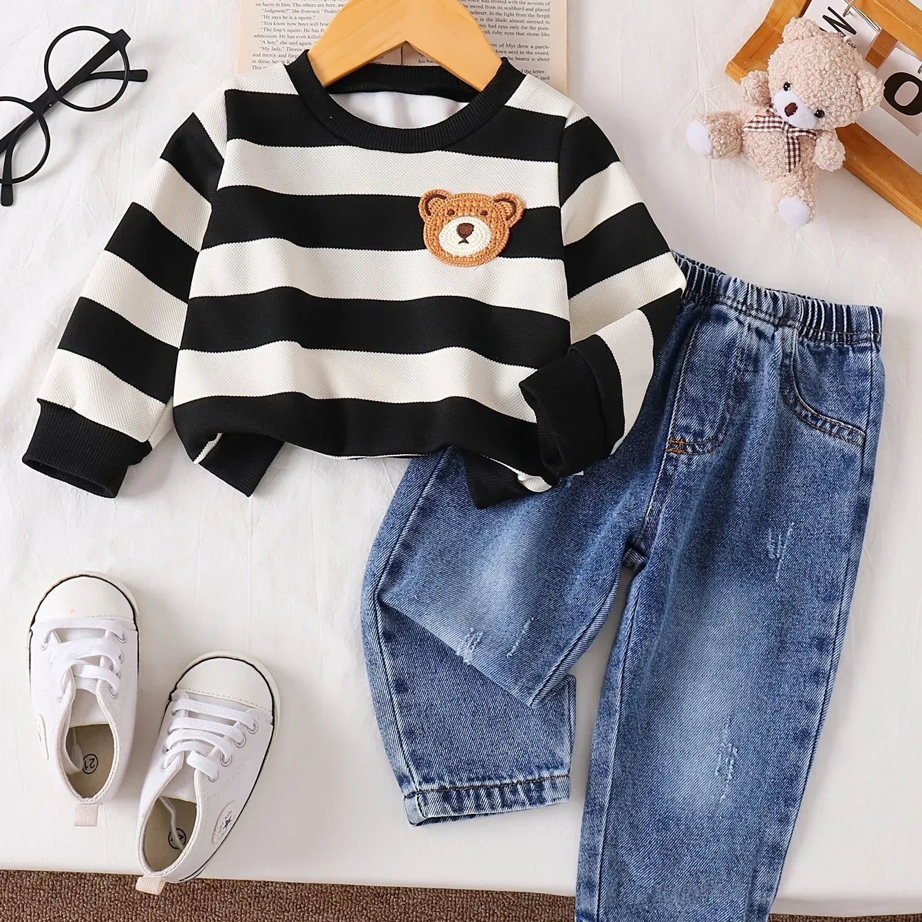 TEMU-2pcs Denim Set with Striped Long Sleeves - alotasawkli