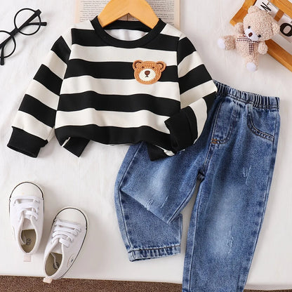 TEMU-2pcs Denim Set with Striped Long Sleeves - alotasawkli
