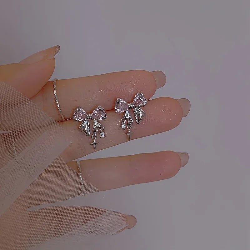 [1 Pair Y2K Bow] Cute Pink 1 Pair Y2K Bow Earrings - alotasawkli