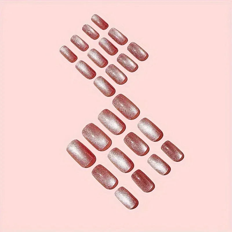 TEMU-24Pcs Glitter Press On Nails Medium Square Glitter Fake Nails Pinkish Cat Eye - alotasawkli