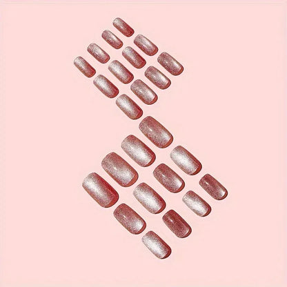 TEMU-24Pcs Glitter Press On Nails Medium Square Glitter Fake Nails Pinkish Cat Eye - alotasawkli
