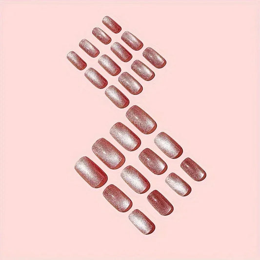 TEMU-24Pcs Glitter Press On Nails Medium Square Glitter Fake Nails Pinkish Cat Eye - alotasawkli