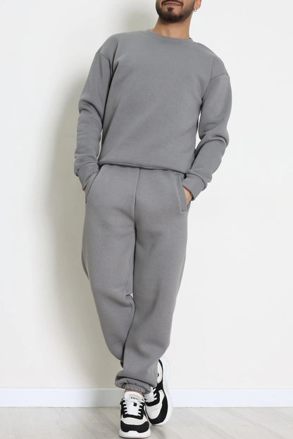Men's Fleece-Lined 3-Thread Tracksuit Set in Brown