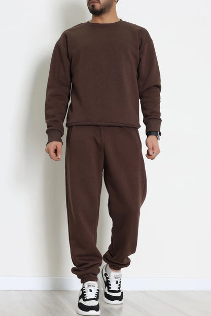 Men's Fleece-Lined 3-Thread Tracksuit Set in Brown