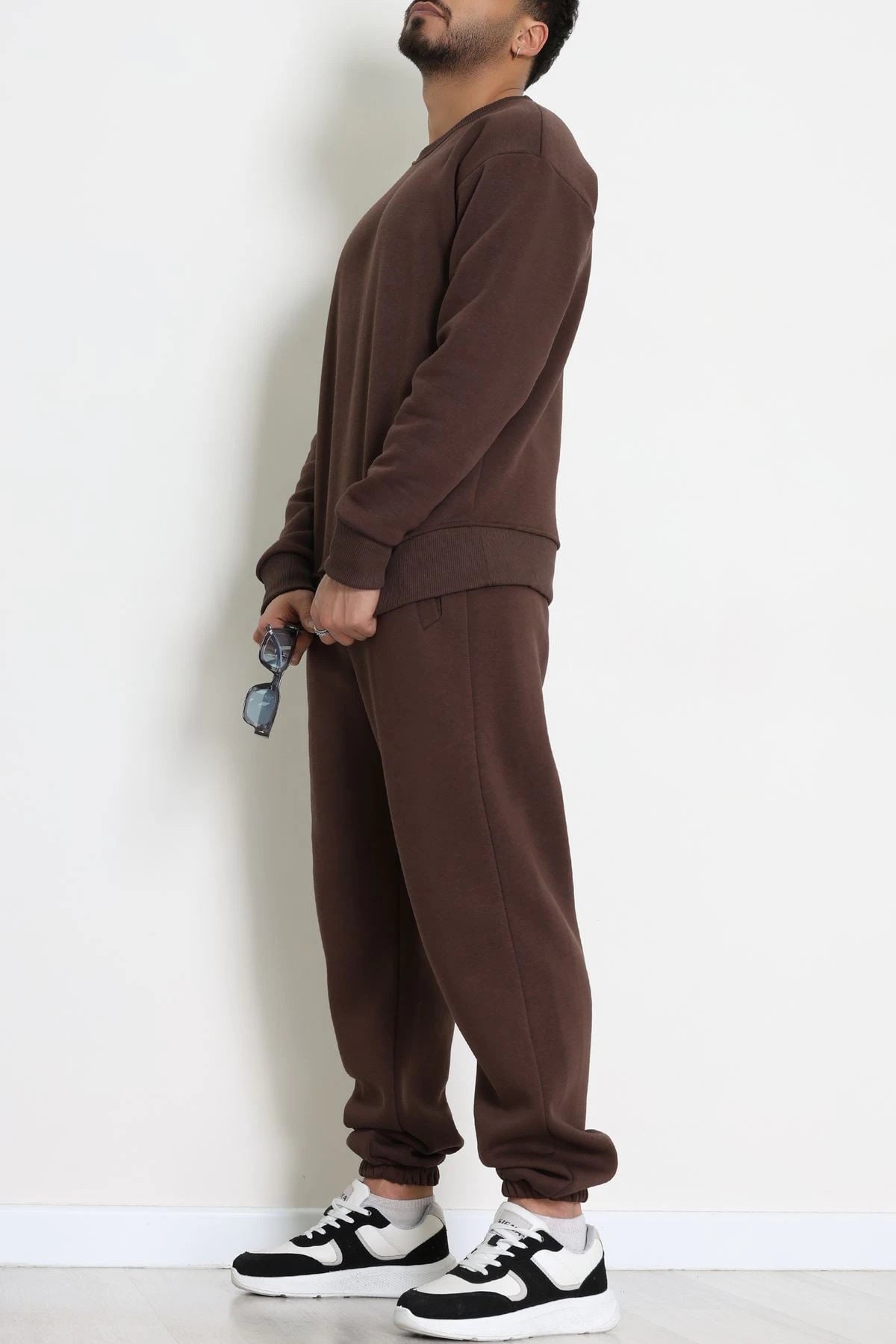 Men's Fleece-Lined 3-Thread Tracksuit Set in Brown