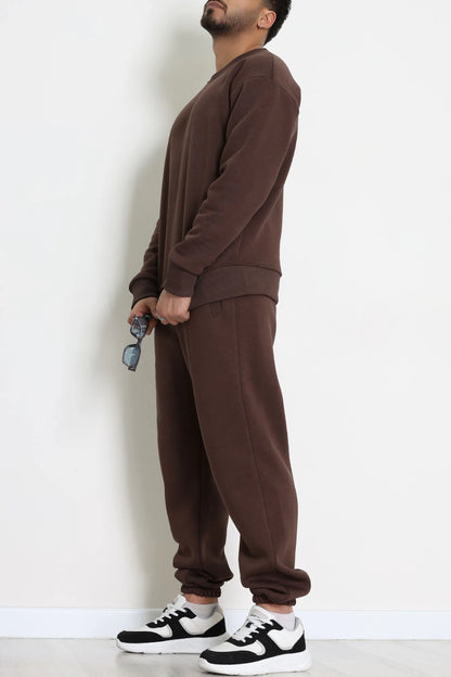 Men's Fleece-Lined 3-Thread Tracksuit Set in Brown