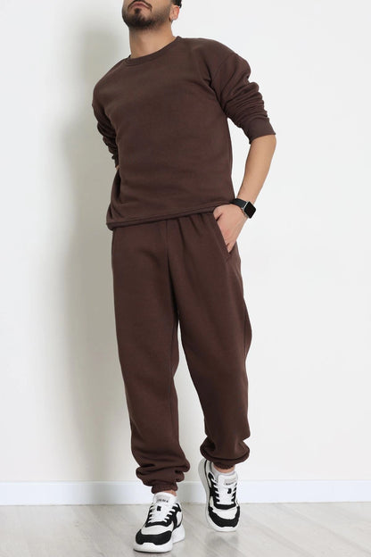 Men's Fleece-Lined 3-Thread Tracksuit Set in Brown