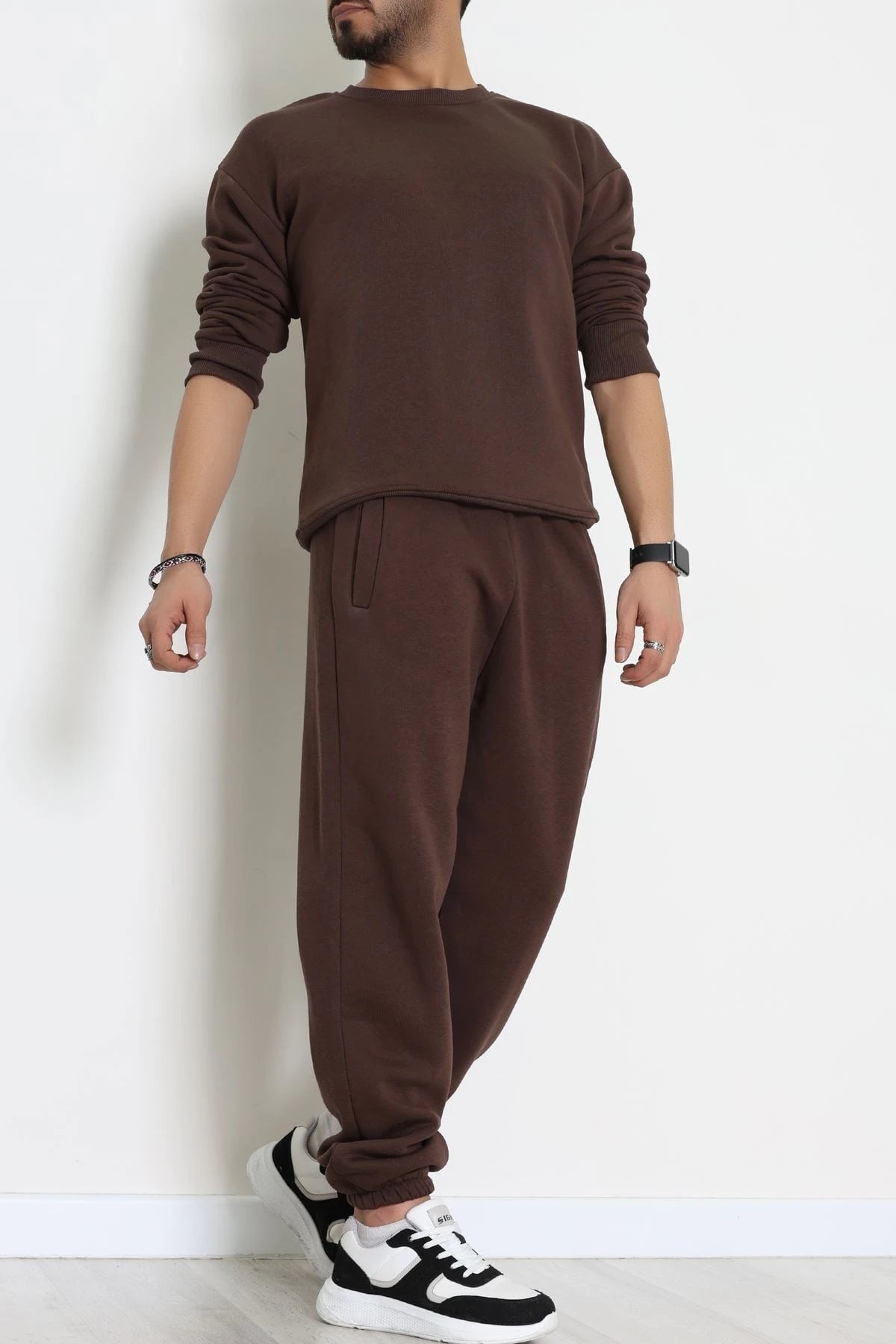 Men's Fleece-Lined 3-Thread Tracksuit Set in Brown