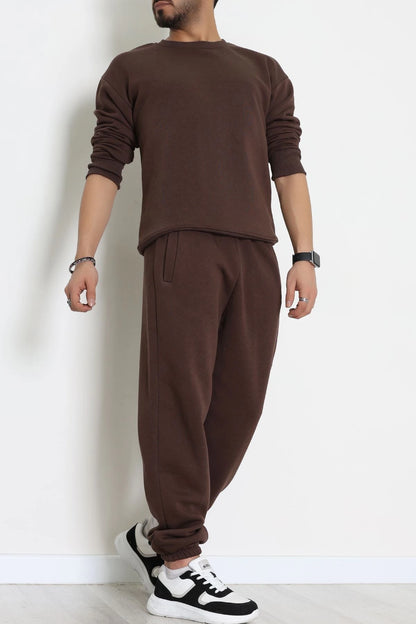 Men's Fleece-Lined 3-Thread Tracksuit Set in Brown